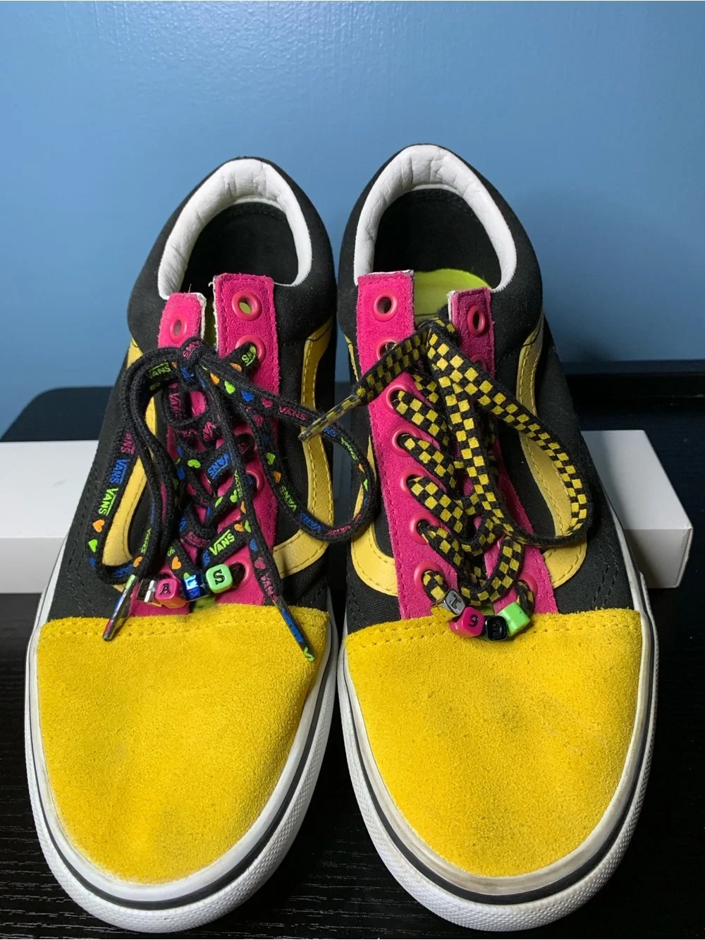 Vans Black, Yellow & Hot Pink Low-Top Sneakers with Checkerboard Laces